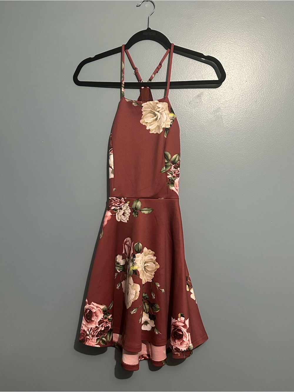 Trac - Floral Strappy Burgundy Fit-and-Flare Dress -